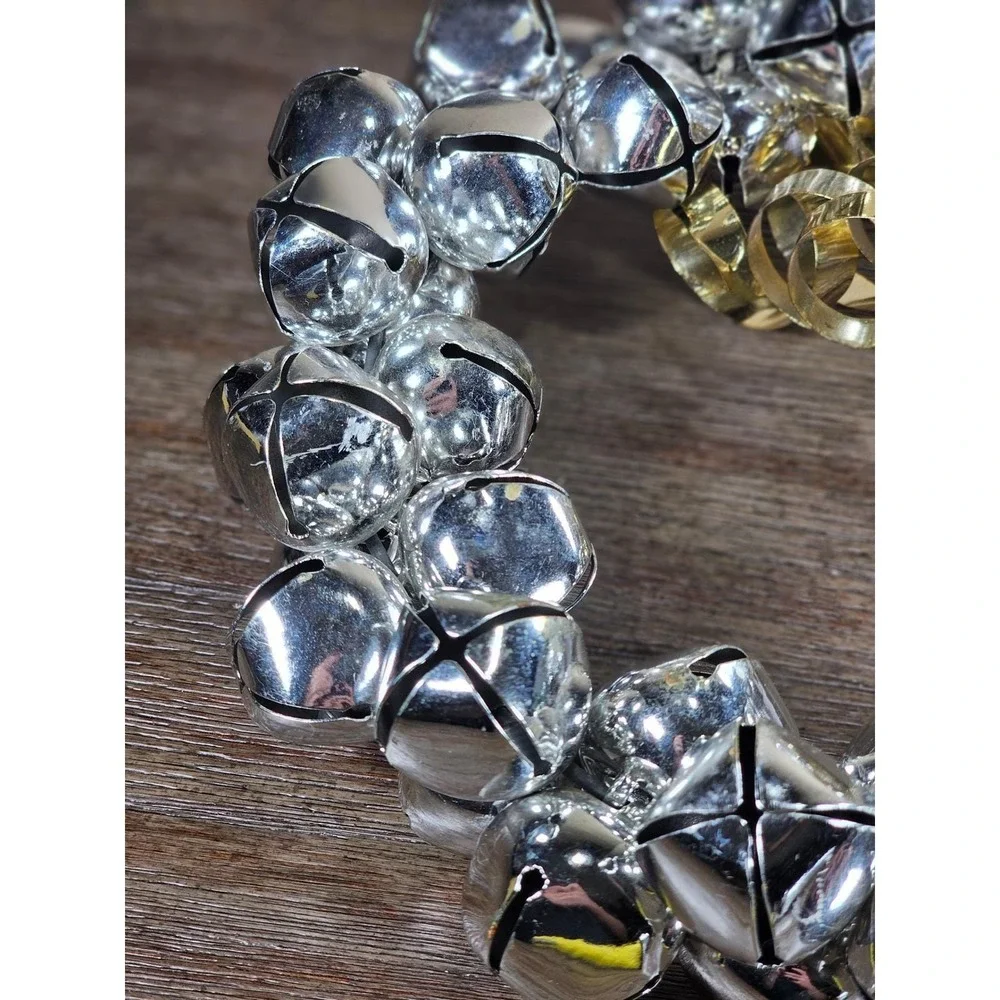 Vintage Silver Jingle Bell Wreath Gold Bow Christmas Door Decor